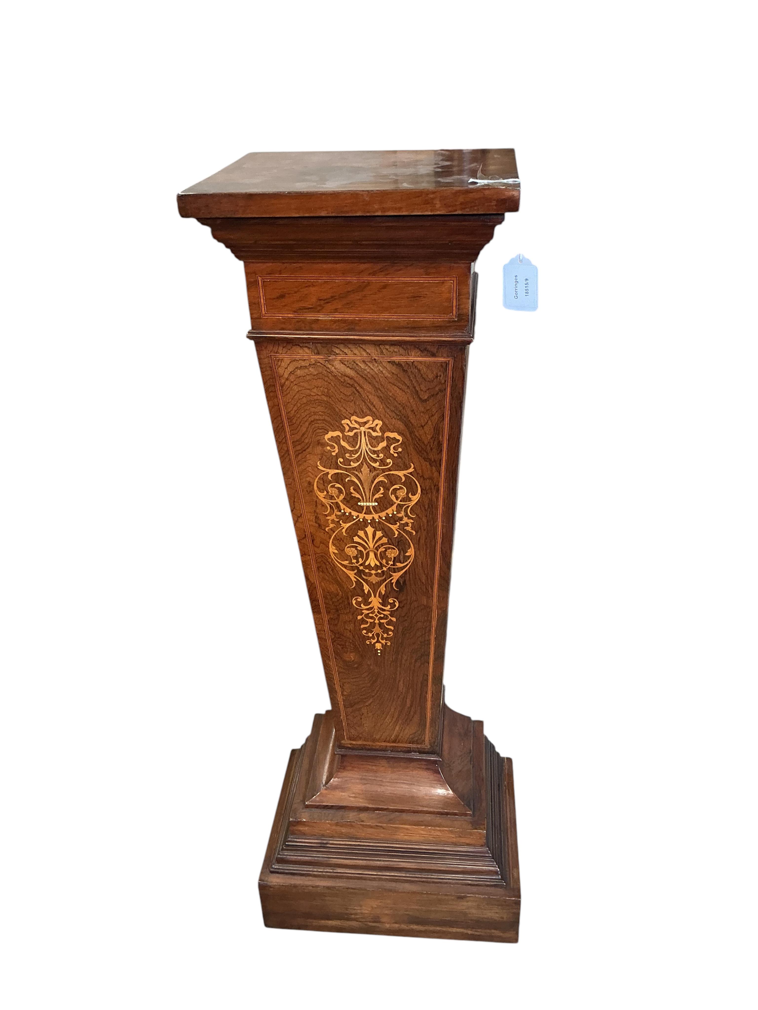An Edwardian marquetry inlaid rosewood pedestal, width 32cm, height 109cm